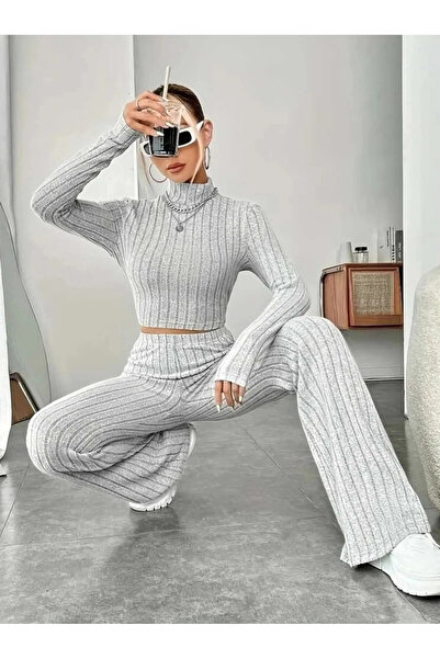 buHillco Gray Long Sleeve Turtleneck Ribbed Crop Top and Pants Women's Top and Bottom Set