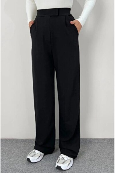 Papatya Giyim İzmit بنطلون بالازو أسود نسائي من الليكرا مزود بشريط فيلكرو