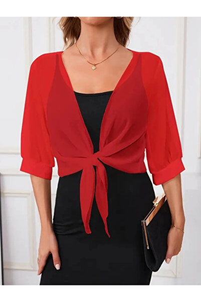 Butik Mdb Women's Three Quarter Sleeve Tie Front Short Chiffon Bolero Jacket
