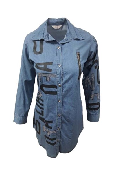 MELİF Melif Kadın Kot Tunik Gömlek 200 - Mavi - L