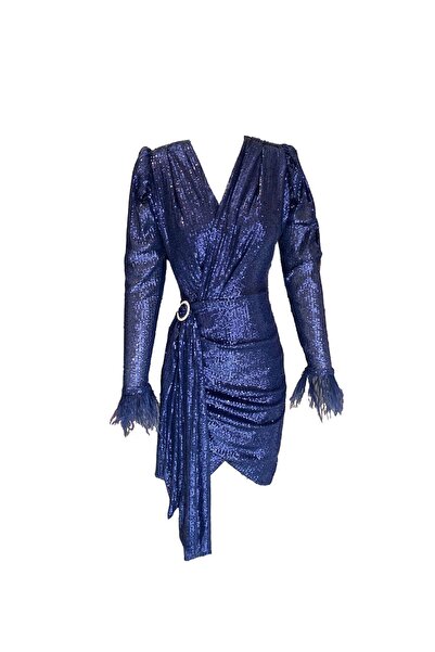 ElifNaz Payetli Otriş Detaylı Lacivert Karpuz Kol Elbise