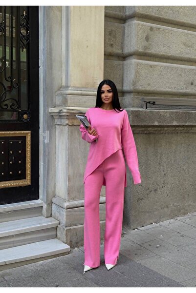 LB Laluna Butik Women's Knitwear Suit, Asymmetrical Cut Sweater and Palazzo Trousers with Slit Legs