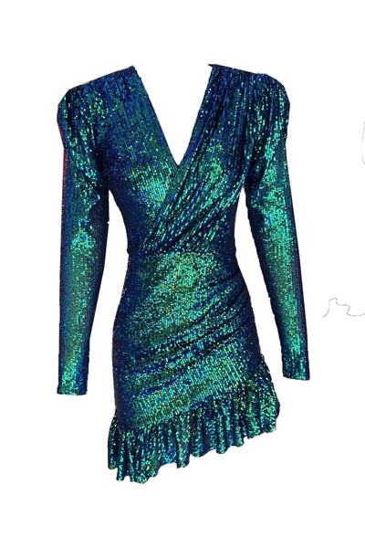 ElifNaz Yeşil Lacivert Payetli Fırfırlı Elbise