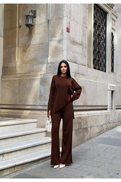 LB Laluna Butik Women's Knitwear Suit, Asymmetrical Cut Sweater and Palazzo Trousers with Slit Legs