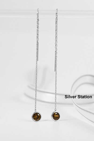 Silver Station 925 Ayar Gümüş Tektaş Zincir Küpe, Tek Taş Gümüş Küpe