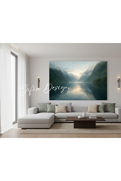 Safir Design Norveç Fiyort Manzaralı Kanvas Tablo | Sisli Dağlar ve Su Yansıması ile Huzur Veren Tablo