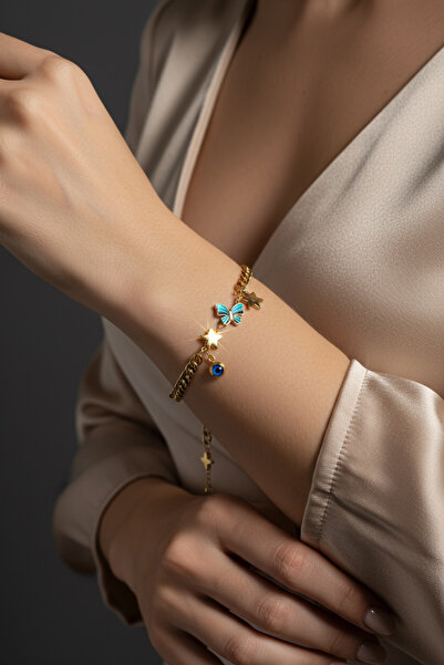 Orvelisse Kelebek ve Nazar Boncuklu Yıldız Figürlü Altın Renk Paslanmaz Çelik...