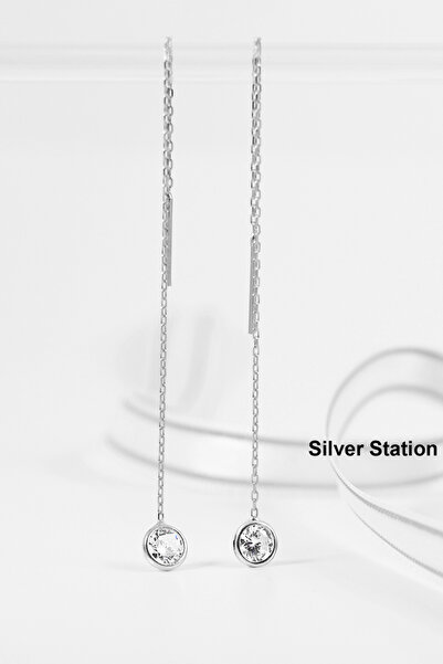 Silver Station 925 Ayar Gümüş Tek Taşlı Zincir Küpe, Sallantılı Gümüş Küpe