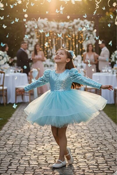 ABİYEKİDS Turkuaz Balon Omuz Kollu Payetli Balo Gösteri Kıyafeti Aby150