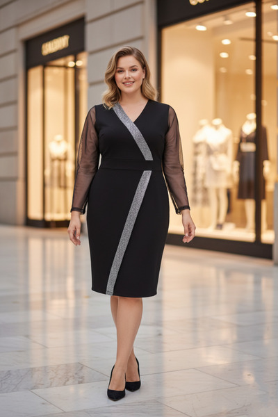 Dilay Boutique Gümüş Şerit Detaylı Kruvaze Uzun Kol Siyah Elbise