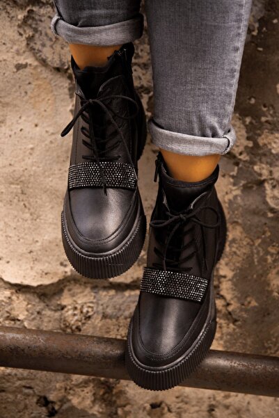 İNZE AYAKKABI Black Genuine Leather Boots - Model Name Monreo