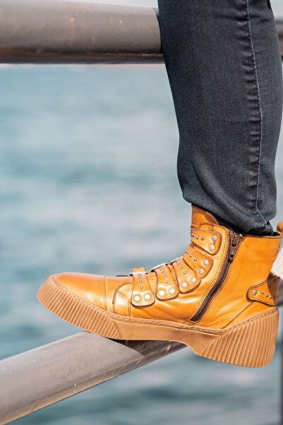 İNZE AYAKKABI Tan Genuine Leather Boots - Model Name Hepburn