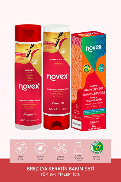 NOVEX Brezilya Keratin - Şampuan 300ml + Saç Kremi 300ml + Durulanmayan Saç B...