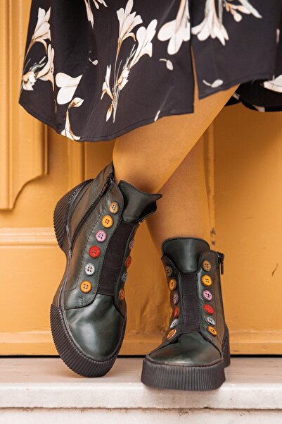 İNZE AYAKKABI Khaki Green Genuine Leather Boots - Model Name Kahlo