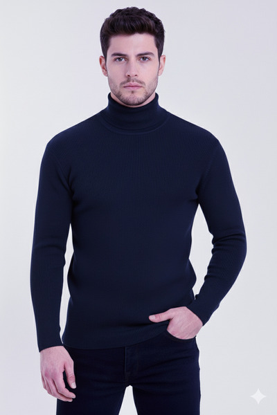 JAKARLI Unisex Navy Blue Thick Ribbed Camisole Raster Slim Fit Turtleneck Tur...