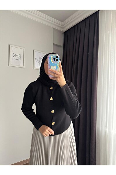 RFK Butik Gold Heart Button - Tricotaj de damă Hijab Cardigan Negru
