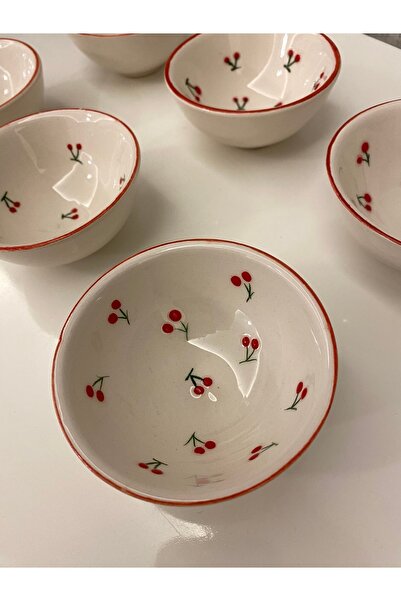 arı çini seramik Set of 6 Handmade Cherry Patterned Snack Bowl, Sauce Bowl, Jam Bowl