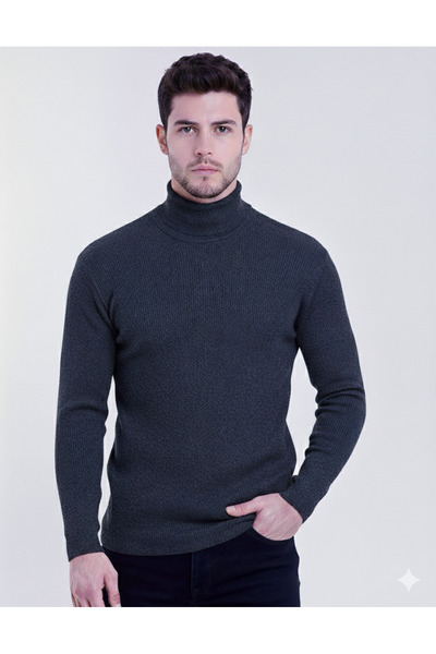 JAKARLI Unisex Anthracite Thick Ribbed Camisole Hooded Slim Fit Turtleneck Pu...