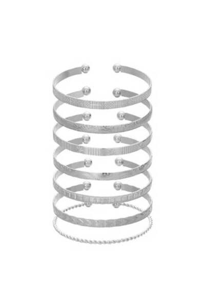 huitich Silver Color-Tone Open Cuff Bangle Bracelet Set 7-Piece Minimalist De...