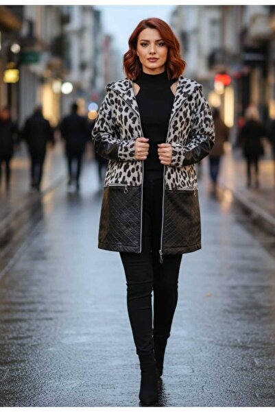 FAZZA FABRİKA Siyah Deri Detay Kapşonlu Örme Kaban