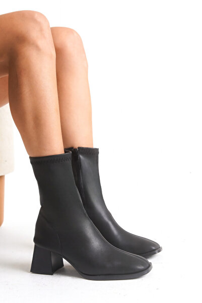 Long Star Kadın Siyah Streç Topuklu Bot – 6 cm Orta Topuk, Kare Burun, Günlük & Şık Kullanım Çorap