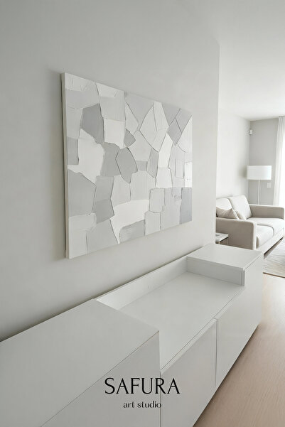 Safura Art Studio Dokulu Tablo – El Yapımı 3 Boyutlu Alçı Minimalist Doku, Modern İskandinav Kabartmalı (Asimetri)
