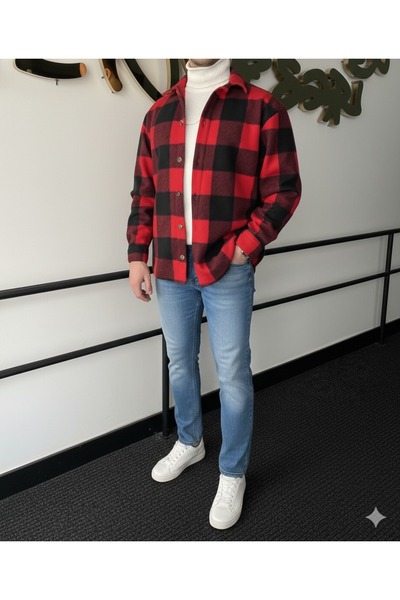 A&O Style Мъжка дебела зимна поларена риза с дълги ръкави и яка на червена яка