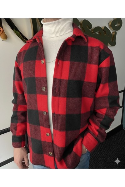 A&O Style Мъжка дебела зимна поларена риза с дълги ръкави и яка на червена яка