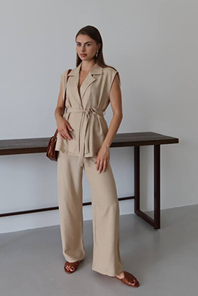 Mogi Butik Women's Belted Vest Palazzo Linen Suit 3080