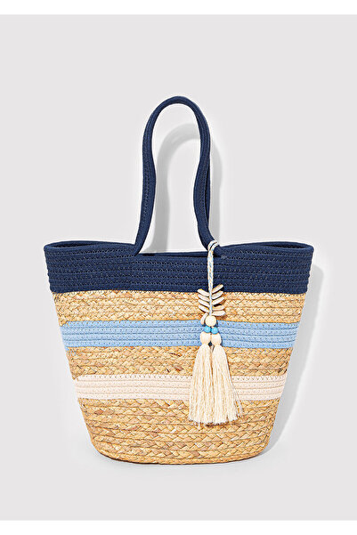 Mavi Navy Blue Striped Straw Bag 1913059-70185