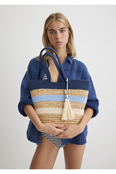 Mavi Navy Blue Striped Straw Bag 1913059-70185