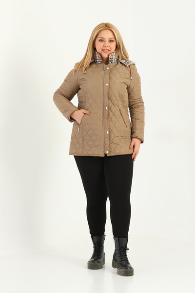 TUTveAL Collection Plus Size Cotton Plaid Quilted Coat, Jacket, with Hood, Seasonal, Water-Repellent, with Belt, Mink