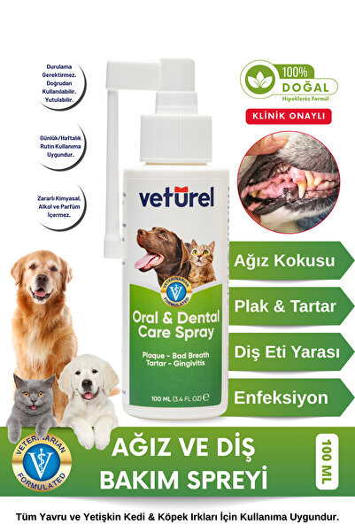 Veturel Ağız Ve Diş Bakım Spreyi 100ml Kedi Ağız Bakımı Köpek Ağız Kokusu Diş Eti Yarası Enfeksiyonu