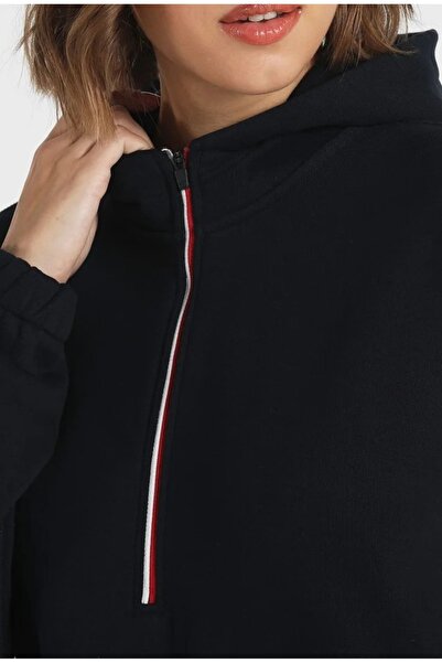 Tommy Hilfiger fermuarlı bayrak şeritli spor crop sweatshirt