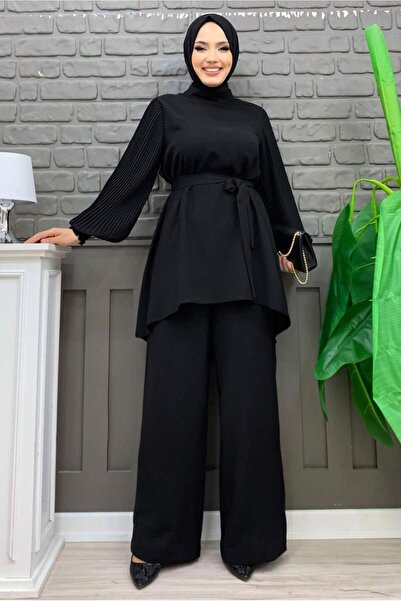 TRENDTESETTÜR KADIN SİYAH KOLU PİLİSELİ GENİŞ PAÇA PANTOLONLU TAKIM T 5348