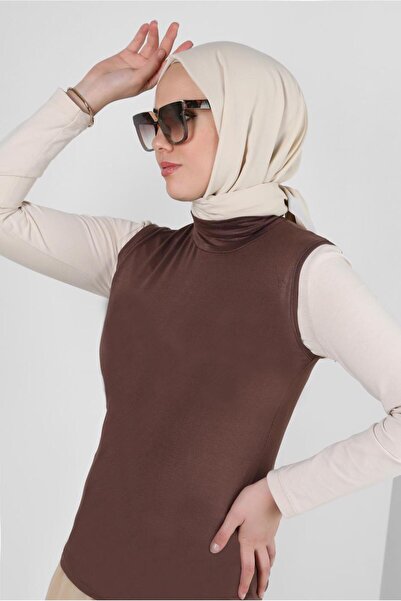 TRENDTESETTÜR Brown Colored Sleeveless Bodysuit with Throat Detail - t 1001