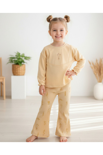 Ege Bebek Girl's Flower Embroidered, Wide Leg Leggings, Seasonal 2-3-4-5-6 Years Old Stylish Girl's Set