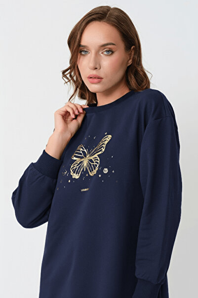 ESPİNA Велосипедна комір-метелик, трикотажна довга кофта-туніка з принтом - синя