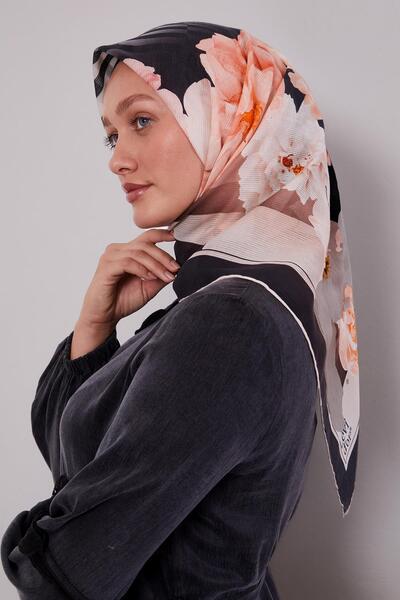 Levidor Μαύρο ριγέ βαμβακερό κασκόλ με σχέδιο λουλουδιών