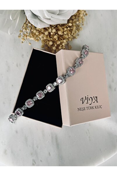 VİYA Silver Pembe Kare Zirkon Taşlı Bileklik