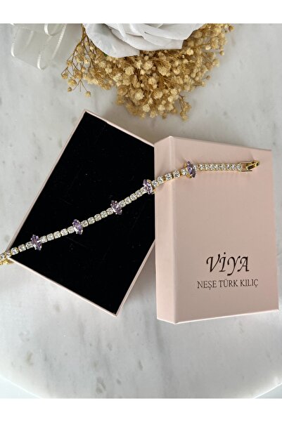 VİYA Gold Lila Zirkon Taşlı Suyolu Bileklik