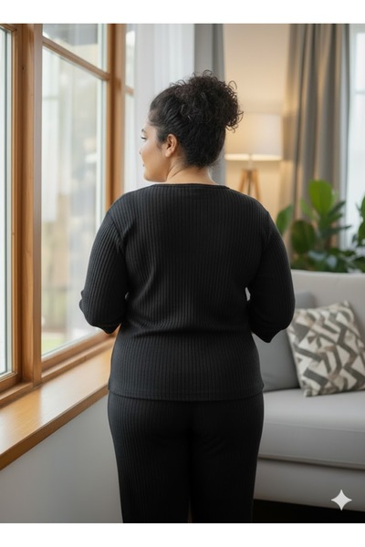 FAMES PİJAMA Women's Black Plus Size Pajama Set