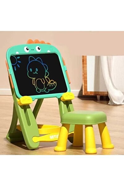 indiggo CuteDino Indiggo® Kids Easel, Dust-Free LCD Board, Chair Included, Adjustable, Green/Yellow