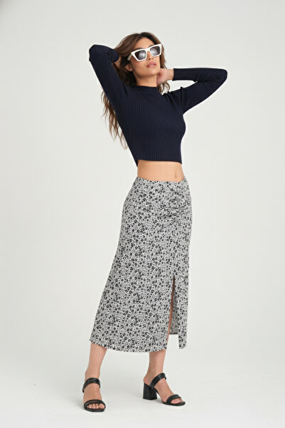 Avones Fusta midi din crep țesut cu model floral pentru femei, cu detaliu de șnur în față