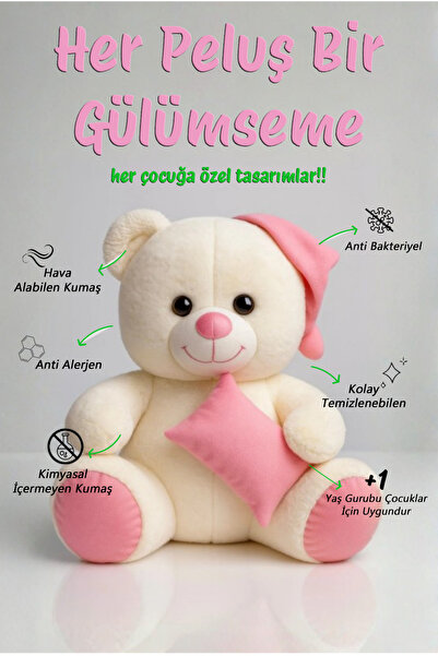 POLLYTOYS PELÜŞ OYUNCAKTA DÜNYA MARKASI Şapkalı Yastıklı Ayıcık Peluş 55 cm – Yumuşacık & Çocuk Hediyesi