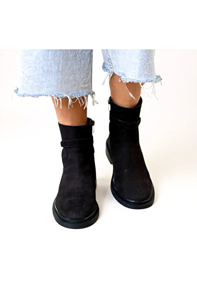 NE&VE SHOES Siyah Süet Hakiki Deri Toka Aksesuarlı Kadın İçten Fermuarlı Bot
