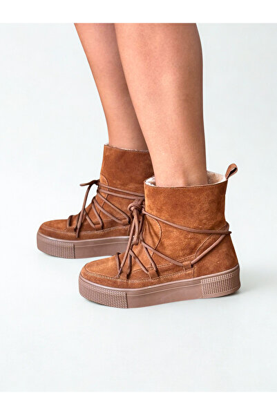 NE&VE SHOES Taba Süet Hakiki Deri İçi Peluş Astarlı Kadın Bağcıklı Bot