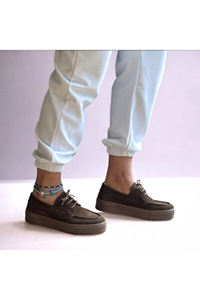 NE&VE SHOES Kahve Süet Hakiki Deri Kadın Günlük Rahat Bağcıklı Ayakkabı