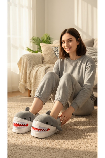 Deniz Terlik Сладки плюшени пантофи с акула и мека вътрешна част и безшумна подметка | Забавни подаръчни домашни пантофи |