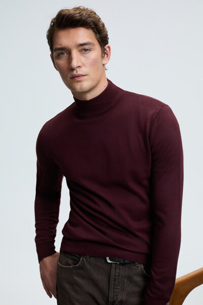 GRIMELANGE Ανδρικό πουλόβερ με μισό ζιβάγκο REBEL Basic Slim Fit Πλεκτό Βουργουνδίας